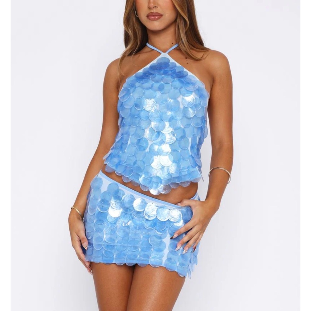 White Fox Athens & Forgiven Aura Blue Shell Top & Mini Skirt Set